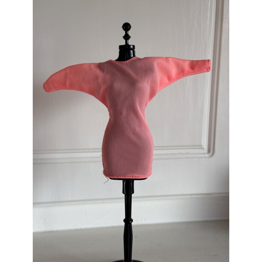 Vintage Barbie Coral Pink Ribbed Knit Long-Sleeve Dress For Doll